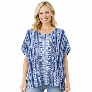 Orvis Blue Jacquard Knit Caftan Sweater | Cotton Linen | Size M